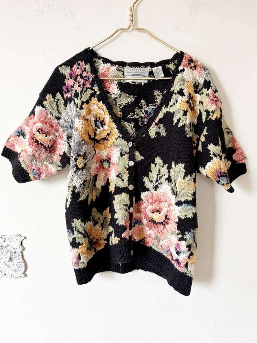 Portraits Vintage Black Cottage Floral Hand Knitted Cardigan Sweater PM